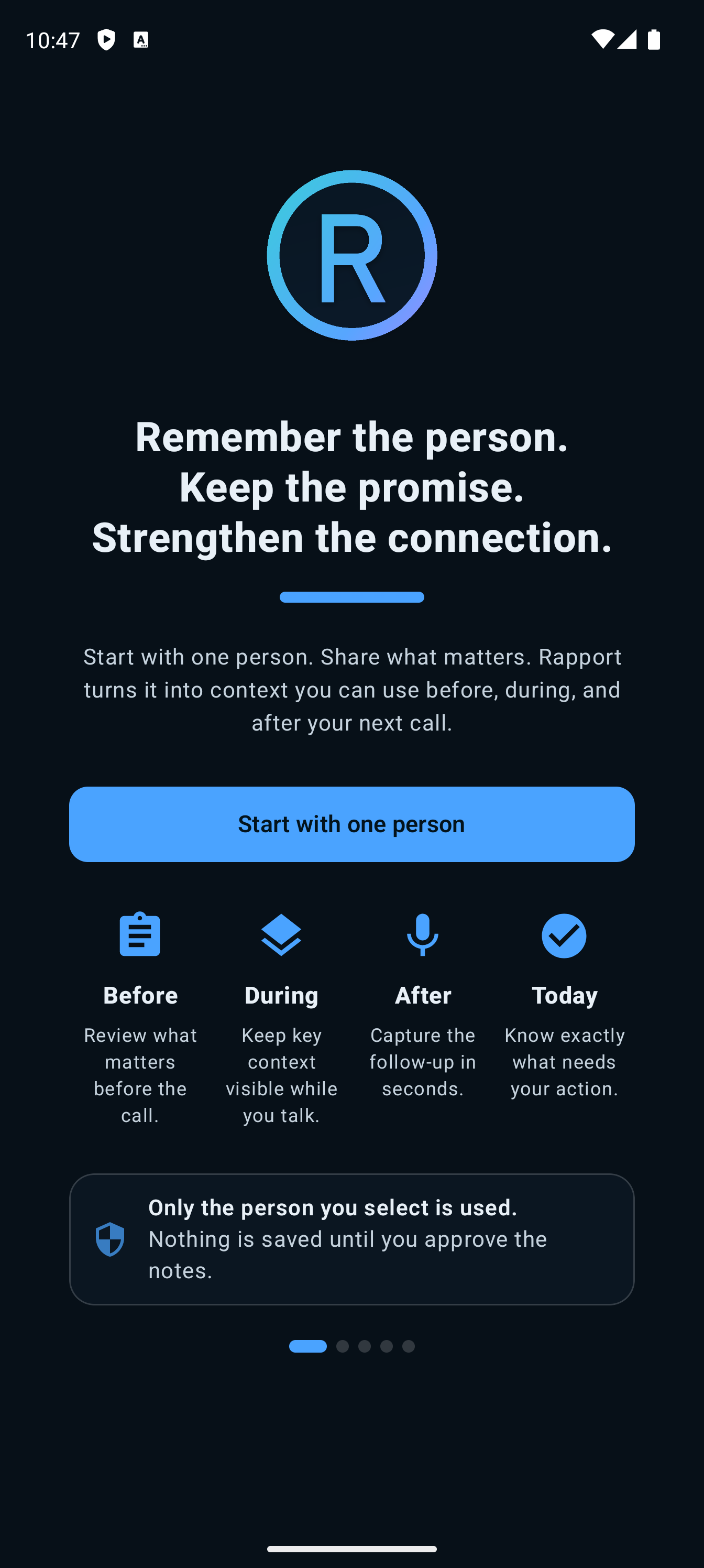 Rapport onboarding welcome screen